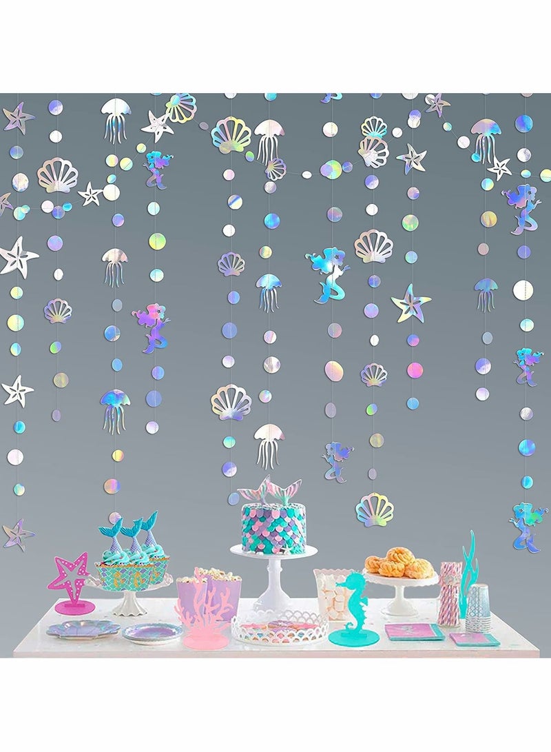 Party Garlands, Mermaid Garland, with Jellyfish Seashell Starfish Pearl, Holographic Paper Streamer, for Mermaid Rainbow Theme Birthday Bachelorette Baby Shower Under The Sea, Party Decorations - Image 1