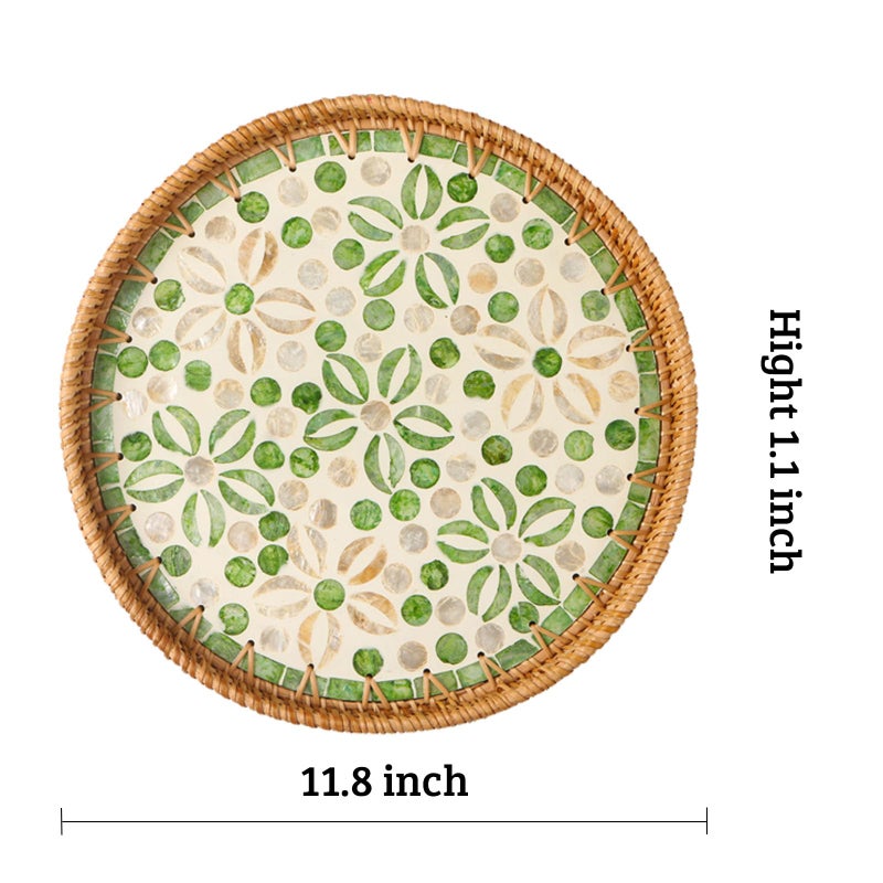 Aayoruro Round Rattan Tray with Mother of Pearl Inlay, Decorative Wicker Serving Tray with Wooden Base, Woven Basket Trays for Bread Fruits Coffee, Starfruit - Image 3