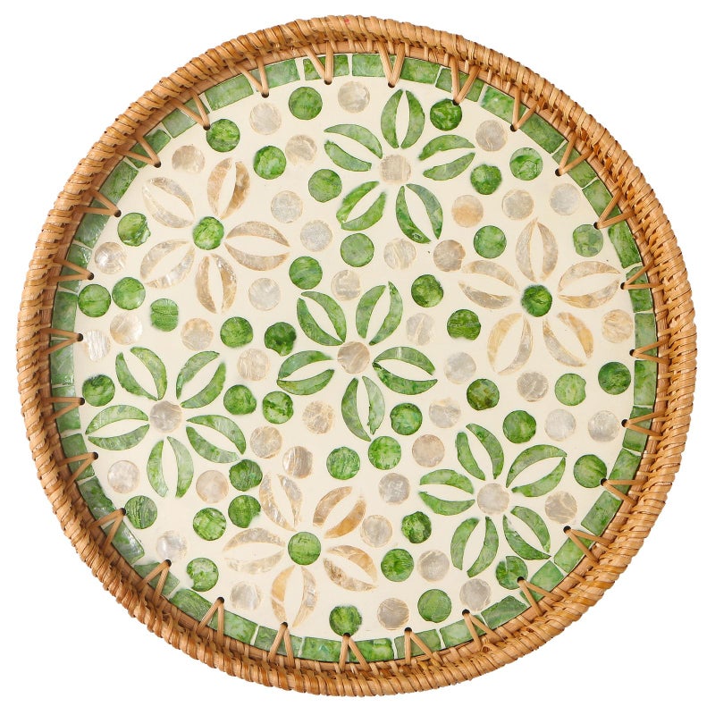 Aayoruro Round Rattan Tray with Mother of Pearl Inlay, Decorative Wicker Serving Tray with Wooden Base, Woven Basket Trays for Bread Fruits Coffee, Starfruit - Image 1