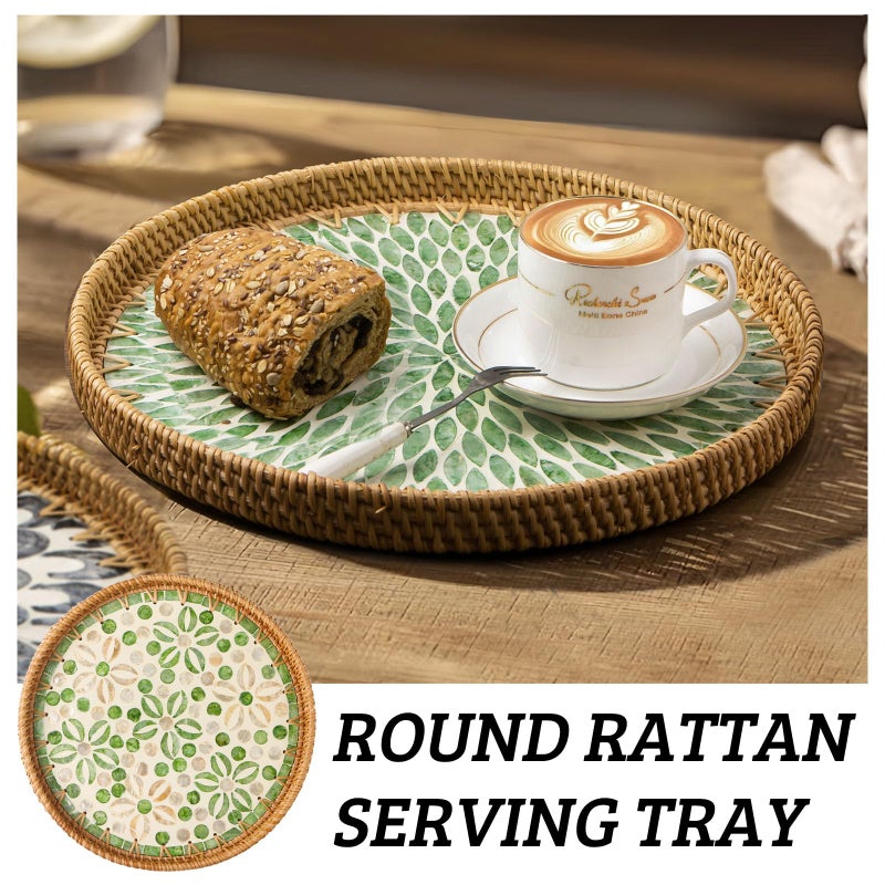 Aayoruro Round Rattan Tray with Mother of Pearl Inlay, Decorative Wicker Serving Tray with Wooden Base, Woven Basket Trays for Bread Fruits Coffee, Starfruit - Image 5