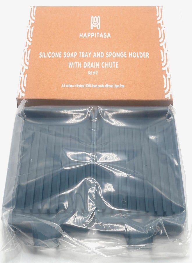 Happitasa Silicone Soap Dish Tray and Sponge Holder with Drain Chute, Rectangular, Kitchen and Bathroom Sink Organizer (Smoky Blue, 5.2"x4" (Set of 2), 7.2 Ounces) - Image 4
