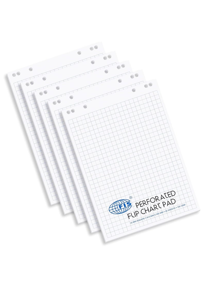 FIS Pack of 5 Pieces Perforated Flip Chart Pad, 100 GSM, Size: 810x585mm, 25mm Square-20 Sheets - FSFC20-25MM_5PC - Image 1