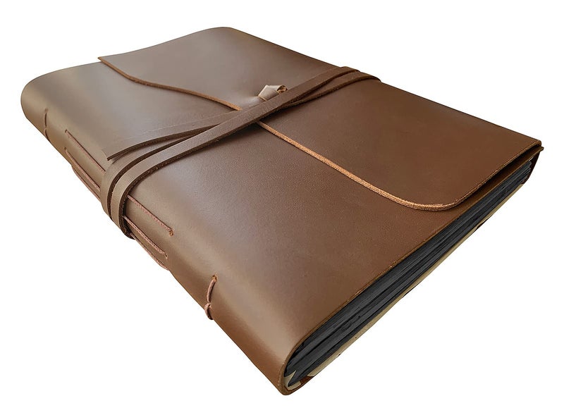 Rustic Town Leather Photos Album (Handmade Paper) with Gift Box - Scrapbook Style Pages Holds 4x6 or 5x7 inches - Birthday, Memories, Wedding Photos (Black-Papers, Large) - Image 1