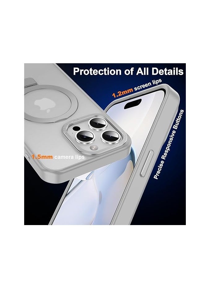 Case for iPhone 16 Pro Max Shockproof Magnetic Phone Case with Ring Stand, [10 FT Drop Protection] [Velvety Touch] Slim Translucent Matte Back Shockproof Compatible with MagSafe Wireless (Gray)