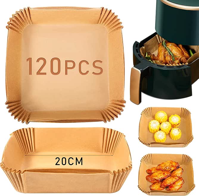 120 Pieces Air Fryer Disposable Paper Liner Sheets Baking Paper Waterproof Non-Stick for Frying Pan Microwave Hot Air Fryer 7.9 Inch Square (120 Pcs-20cm)