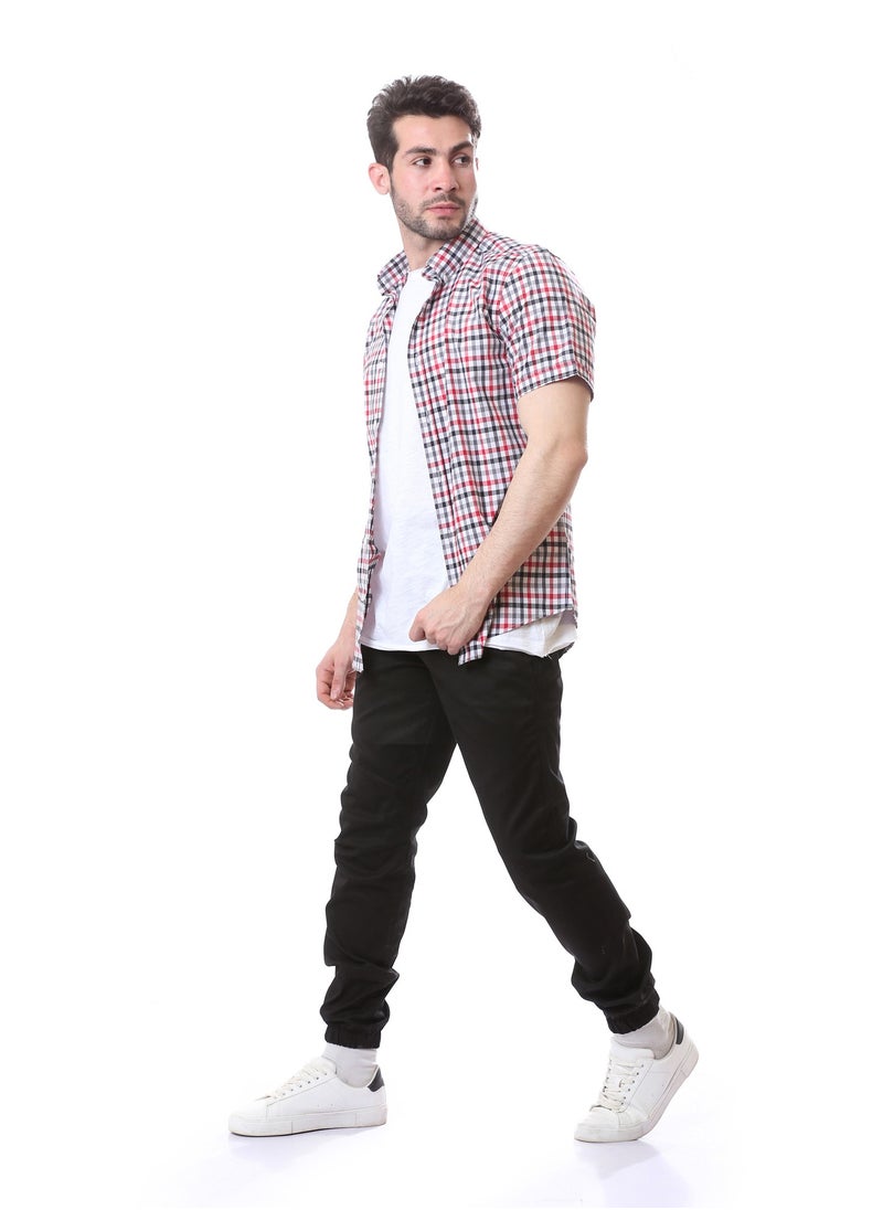 Andora - Casual Gingham Short Sleeves Regular Shirt - White, Black & Red - Image 1