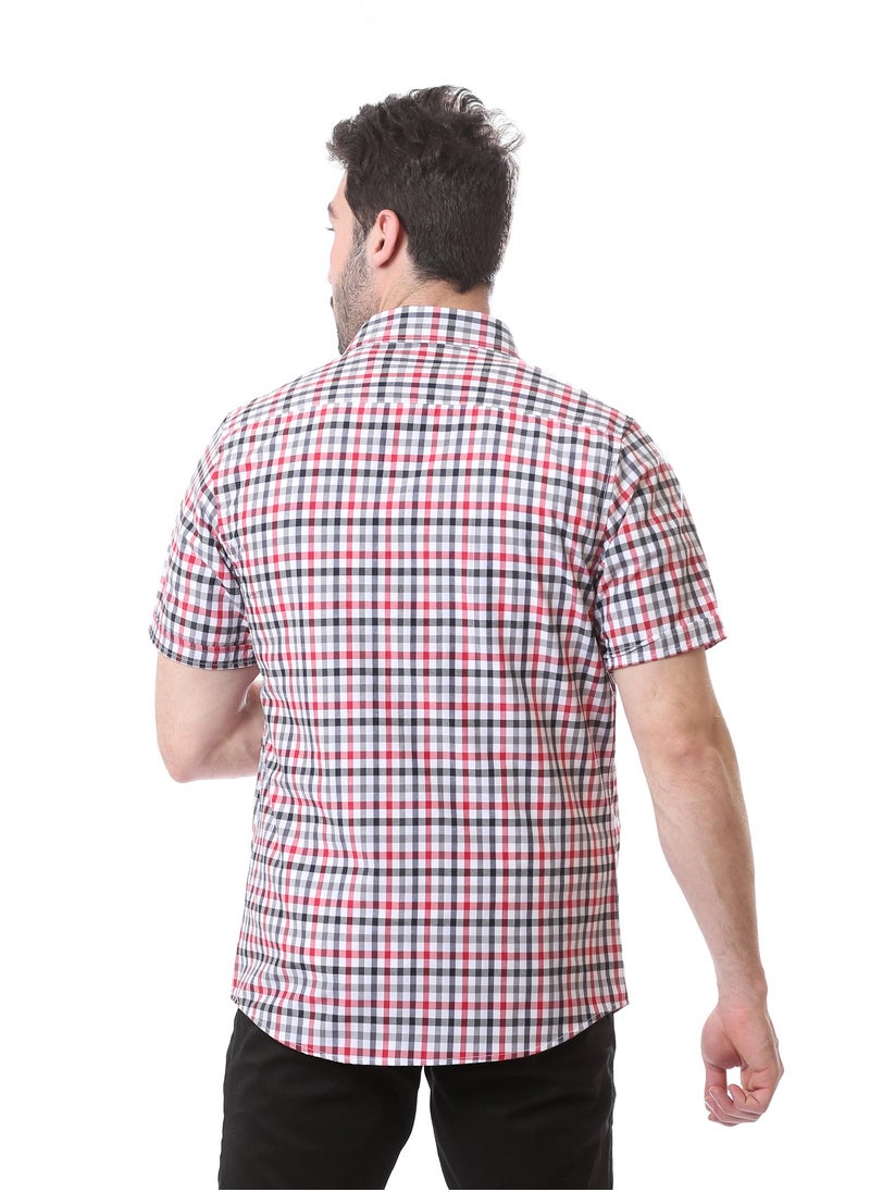 Andora - Casual Gingham Short Sleeves Regular Shirt - White, Black & Red - Image 1