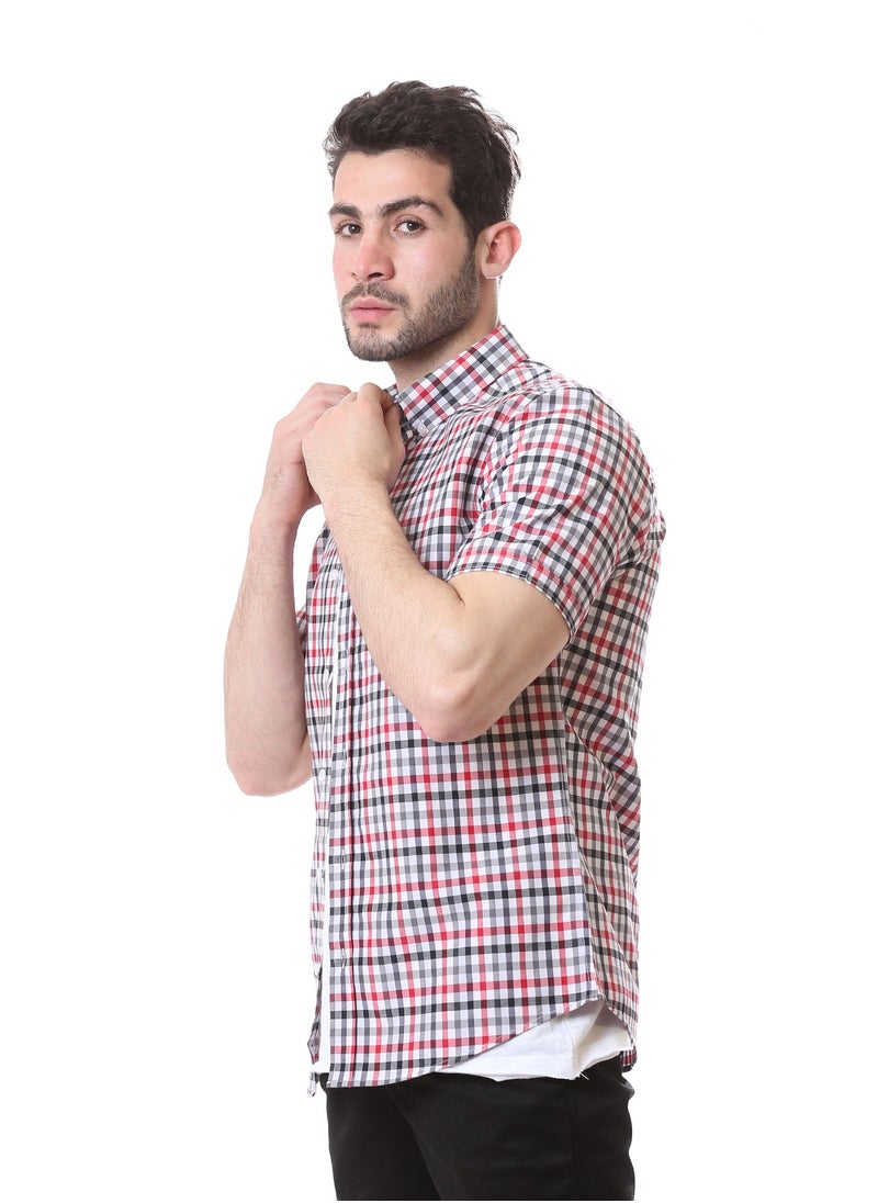 Andora - Casual Gingham Short Sleeves Regular Shirt - White, Black & Red - Image 1