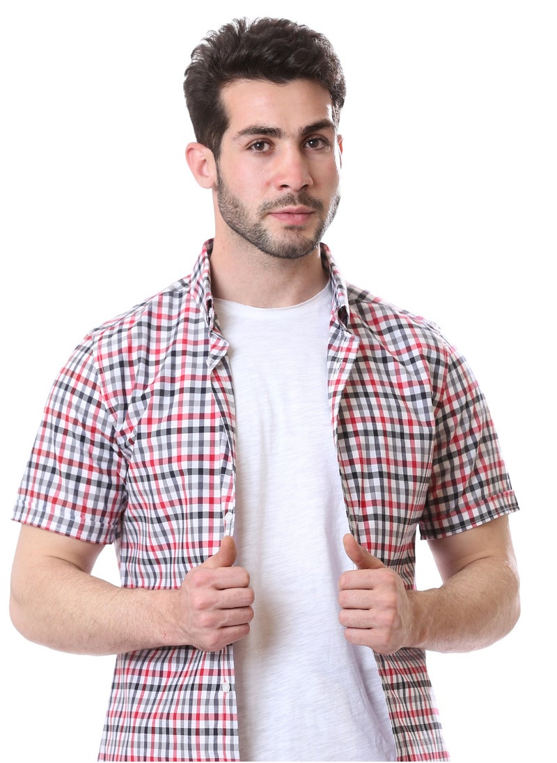 Andora - Casual Gingham Short Sleeves Regular Shirt - White, Black & Red - Image 1