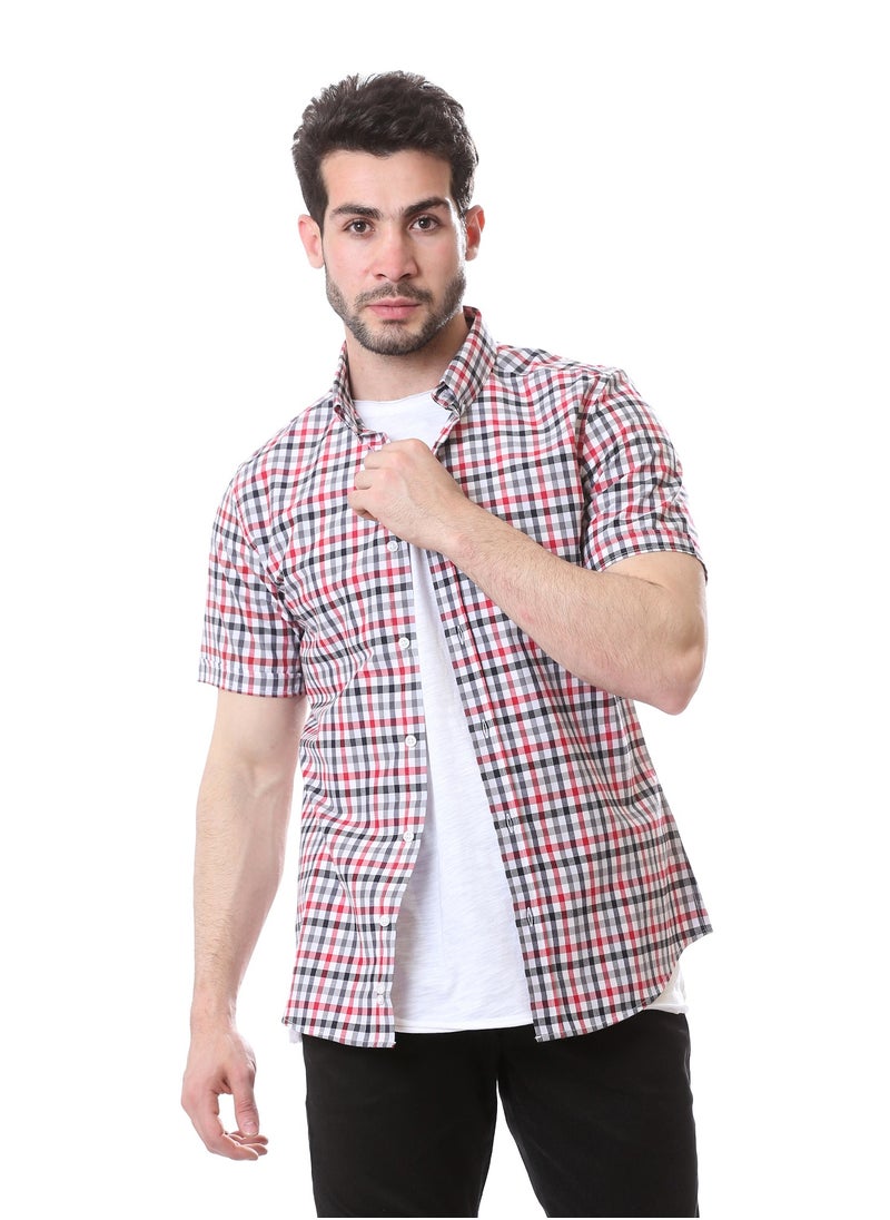 Andora - Casual Gingham Short Sleeves Regular Shirt - White, Black & Red - Image 1