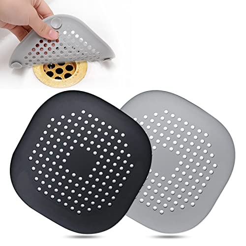 Hair Drain CatcherSquare Drain Cover for Shower Silicone Hair Stopper with Suction CupEasy to Install Suit for BathroomBathtubKitchen 2 Pack Sliver Grey Black