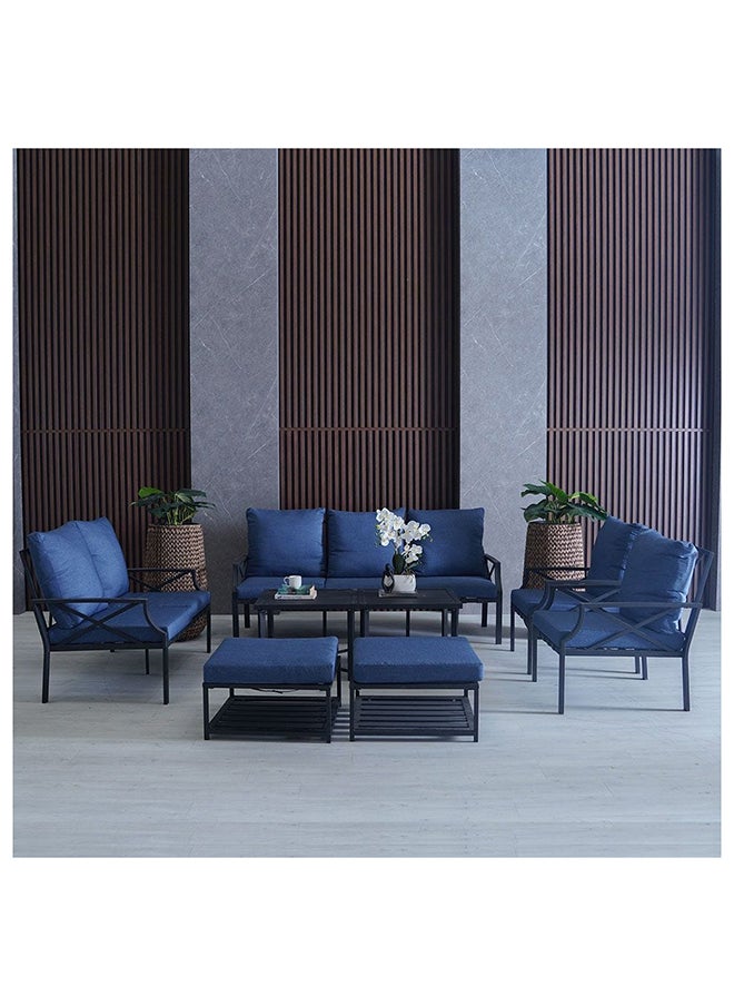 DANUBE HOME طقم أريكة تورينو 7 مقاعد خارجية بإطار فولاذي وأثاث حديقة بتصميم عصري، طقم أريكة صالة مكون من 8 قطع وطاولة وكراسي للجلوس في الهواء الطلق للفناء والشرفة والحديقة، أزرق  - Image 1