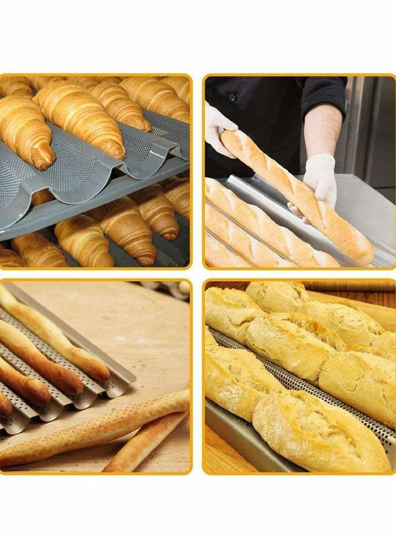 Y&D - Baguette Baking Tray Non-Stick Perforated French Bread Stick Pan Mould Loaf 4 Trough Loaves Wave Baker for Oven (Silver) - Image 1