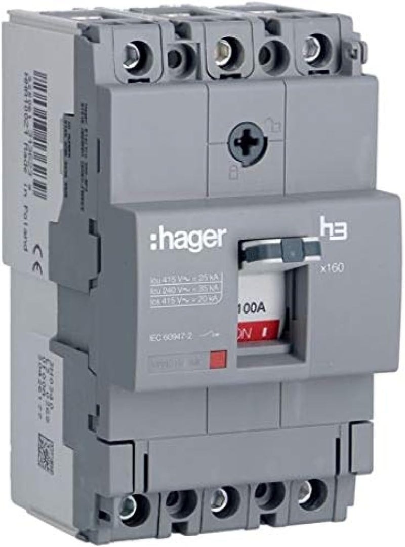 Hager Moulded Case Circuit Breaker (MCCB), 3 Pole, 100A, 25kA (HHA100Z) – Made in EU