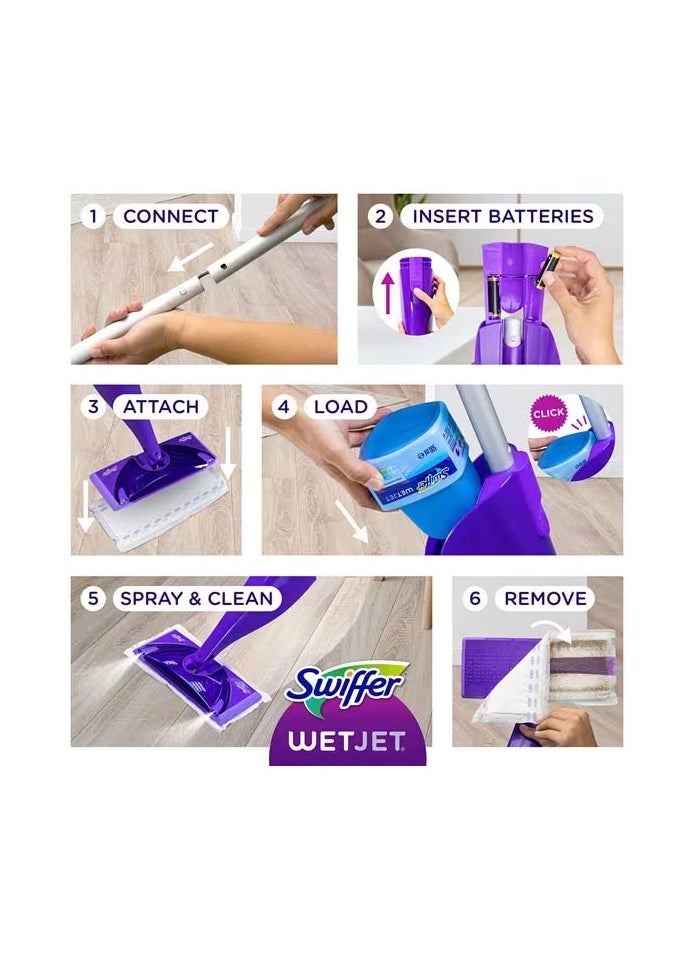 Swiffer WetJet Hardwood and Floor Spray Mop, All-In-One Mopping Cleaner Starter Kit, Includes: 1 WetJet, 5 Pads, Cleaning Solution & Batteries