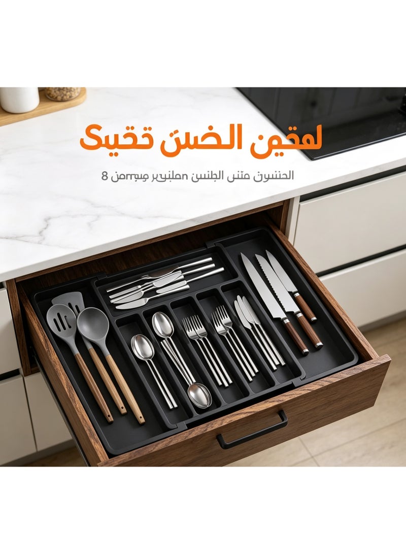 منظم أدوات المائدة قابل للتوسيع، صينية تخزين سكاكين وشوك وملاعق قابلة للتعديل لعلب مطبخ، منظم درج مطبخ بلاستيك متعدد المقصورات موفر للمساحة - Image 4