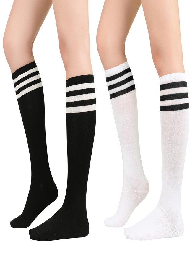 American Trends Knee High Socks for Women Striped Tube Socks Youth Athletic Soccer Socks 2 Pack Black White & White Black One Size - Image 2