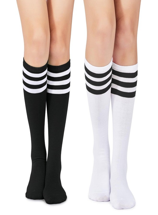 American Trends Knee High Socks for Women Striped Tube Socks Youth Athletic Soccer Socks 2 Pack Black White & White Black One Size - Image 1