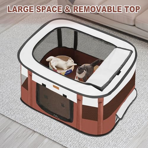 Akinerri Dog Playpen - Foldable Cat Play Pens for Pubby, Kitten, Rabbit, Portable Pet Tent with Carring Bag for Indoor/Outdoor Travel Camping (Brown-Small) - Image 3