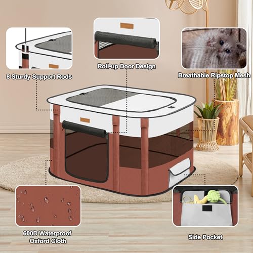Akinerri Dog Playpen - Foldable Cat Play Pens for Pubby, Kitten, Rabbit, Portable Pet Tent with Carring Bag for Indoor/Outdoor Travel Camping (Brown-Small) - Image 2