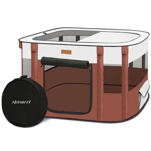Akinerri Dog Playpen - Foldable Cat Play Pens for Pubby, Kitten, Rabbit, Portable Pet Tent with Carring Bag for Indoor/Outdoor Travel Camping (Brown-Small) - Image 1