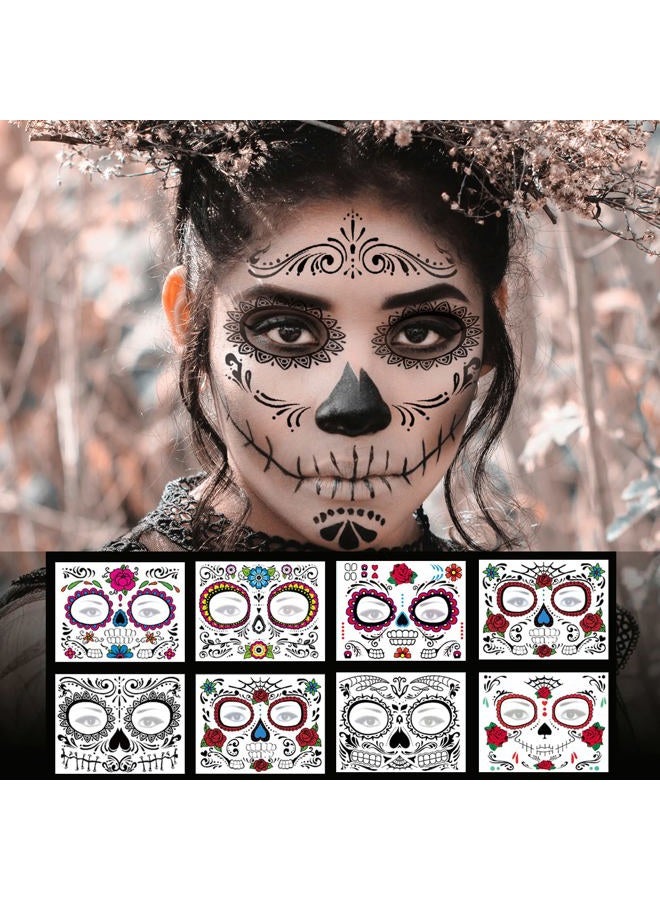 BULEFSEA Day of the Dead Face Tattoos - 8 Sheet Halloween Temporary Tattoos Face Sticker Kit Día de Los Muertos Glitter Red Roses Skeleton Sugar Skull Fake Tattoo for Halloween Makeup on Face Body - Image 1