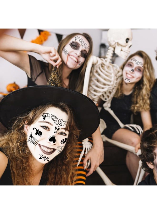 BULEFSEA Day of the Dead Face Tattoos - 8 Sheet Halloween Temporary Tattoos Face Sticker Kit Día de Los Muertos Glitter Red Roses Skeleton Sugar Skull Fake Tattoo for Halloween Makeup on Face Body - Image 5