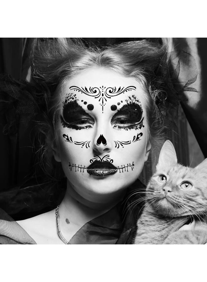 BULEFSEA Day of the Dead Face Tattoos - 8 Sheet Halloween Temporary Tattoos Face Sticker Kit Día de Los Muertos Glitter Red Roses Skeleton Sugar Skull Fake Tattoo for Halloween Makeup on Face Body - Image 2