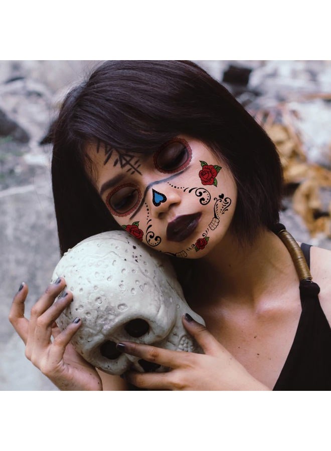 BULEFSEA Day of the Dead Face Tattoos - 8 Sheet Halloween Temporary Tattoos Face Sticker Kit Día de Los Muertos Glitter Red Roses Skeleton Sugar Skull Fake Tattoo for Halloween Makeup on Face Body - Image 3
