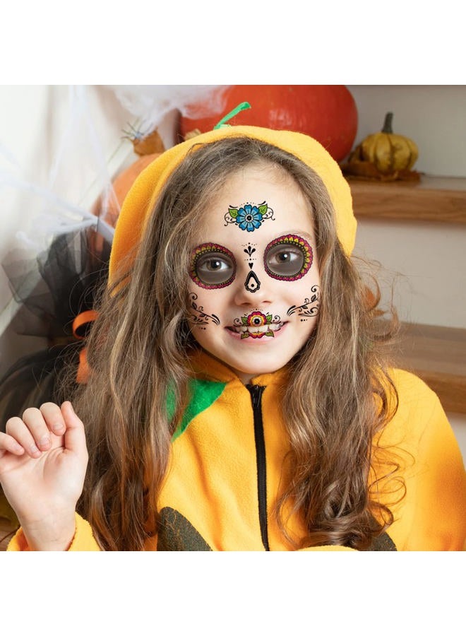 BULEFSEA Day of the Dead Face Tattoos - 8 Sheet Halloween Temporary Tattoos Face Sticker Kit Día de Los Muertos Glitter Red Roses Skeleton Sugar Skull Fake Tattoo for Halloween Makeup on Face Body - Image 4