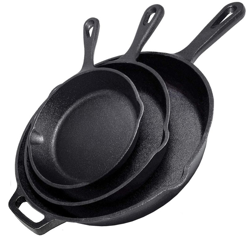 Simple Chef Cast Iron Skillet 3-Piece Set - 12", 10", 8" Heavy Duty Pans - Professional Restaurant Chef Quality Pre-Seasoned Pan Cookware Set - Image 1