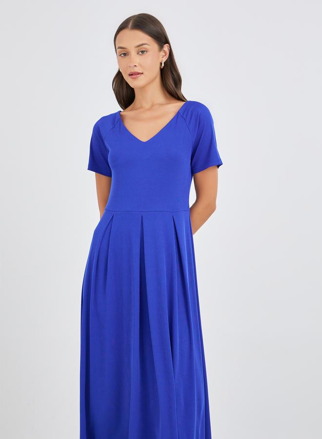 فستان ميدي نسائي بياقة بلون أزرق سادة بتصميم - وحافة غير متساوية