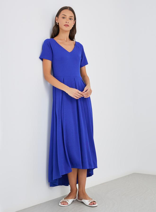 فستان ميدي نسائي بياقة بلون أزرق سادة بتصميم - وحافة غير متساوية