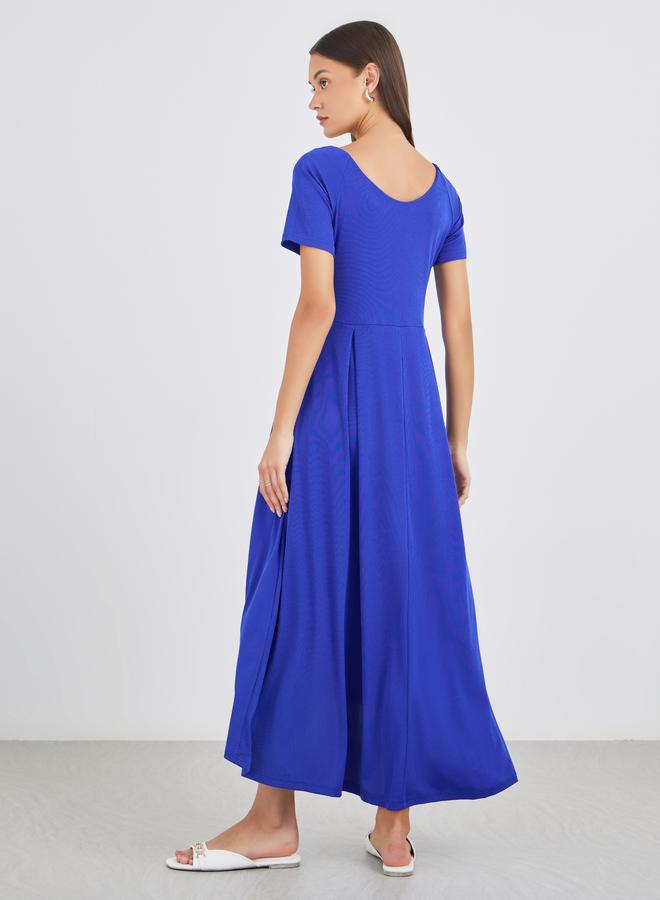 فستان ميدي نسائي بياقة بلون أزرق سادة بتصميم - وحافة غير متساوية