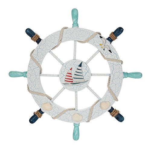 Rienar Nautical Ship Steering Wheel - 11" Diameter Wooden Beach Home Wall Décor With Fishing Net/Shell/Fish/Starfish/Seagull - Image 1