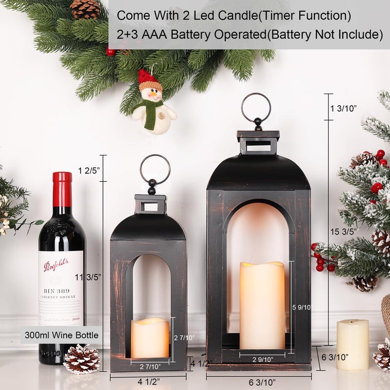 DECORKEY LED Lantern Decorative Outdoor&Indoor, Set of 2 (17â€™â€™&13â€™â€™) Black Metal Lanterns Decor, Vintage Hanging Candle Holder for Home Porch Wedding Halloween Christmas Decorations Battery Powered - Image 2