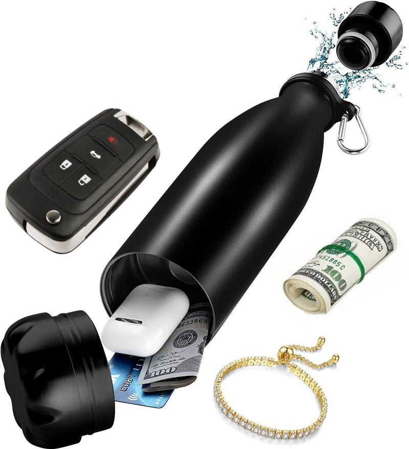 SP HOME GOODS Diversion Safe Water Bottle -Black Stainless Steel Bottle with Hidden Compartment for Cards, Keys, Cash, and Valuables - Insulated Bottle for Hot and Cold Drinks - 18 Ounces - Image 1