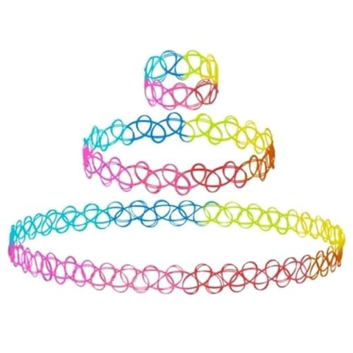 BodyJ4You 3PC Tattoo Choker Necklace Set Bracelet Ring - 90s Necklace 2000s Y2K Fashion Vintage - Stretchy Elastic Neck Lace Women's - Colorful Pink - Classic Fashion Trend - Image 1
