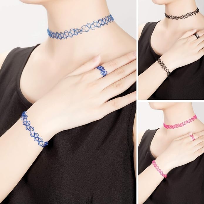 BodyJ4You 3PC Tattoo Choker Necklace Set Bracelet Ring - 90s Necklace 2000s Y2K Fashion Vintage - Stretchy Elastic Neck Lace Women's - Colorful Pink - Classic Fashion Trend - Image 2