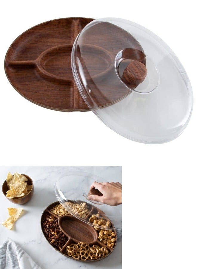 إيفيلين صينية تقديم بلاستيكية بملمس خشبي مع غطاء – مقسمة إلى 5 أقسام – حجم 30×20 سم – صينية تقديم مضادة للكسر للمكسرات والحلويات والفواكه والمقبلات – تصميم أنيق ومتين للمطبخ وطاولة الضيافة - Image 5