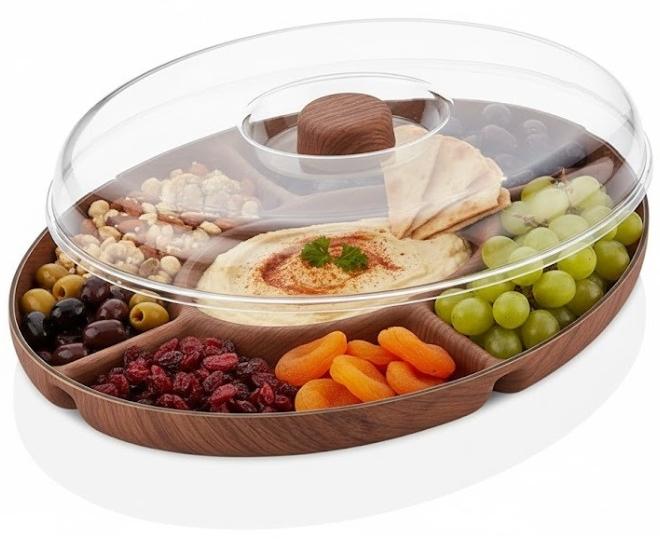 Evelin Wood-Look Plastic Serving Tray with Cover – 5-Section Divider Snack Platter – 30×20 cm Rectangular Anti-Break Serving Dish for Nuts, Candies, Fruits & Appetizers – Durable Kitchen & Dining Server with Elegant Wooden Texture - Image 1