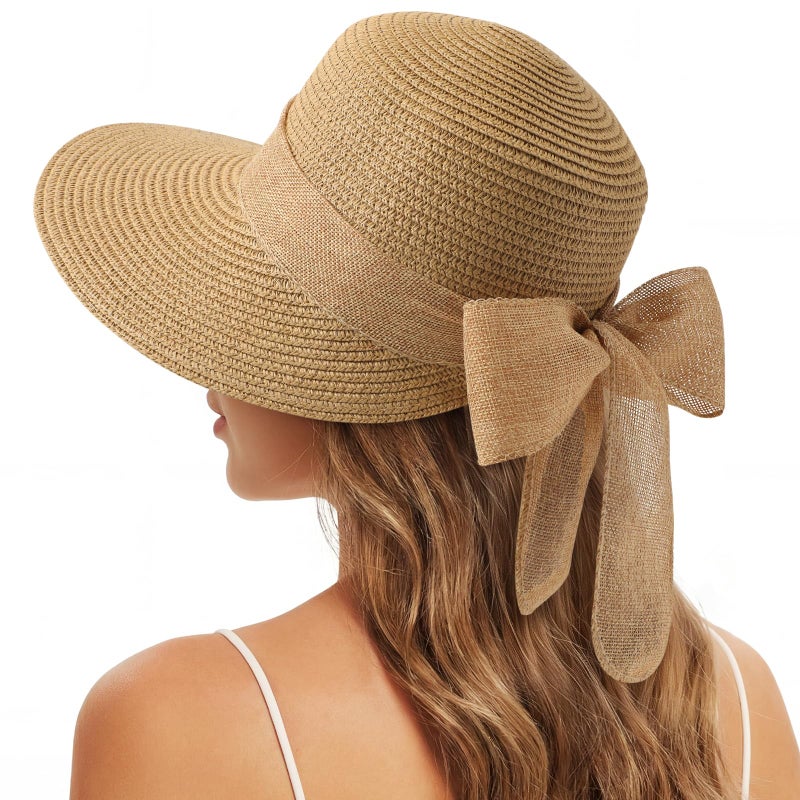 Pleneal Sun Hats for Women, Straw Beach Hat UV Sun Protection, Foldable Bowknot Sun Beach Hats Summer Hat Khaki - Image 1