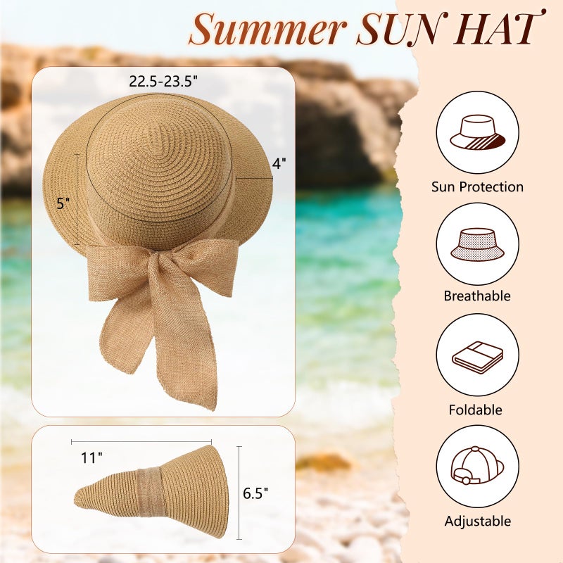 Pleneal Sun Hats for Women, Straw Beach Hat UV Sun Protection, Foldable Bowknot Sun Beach Hats Summer Hat Khaki - Image 3