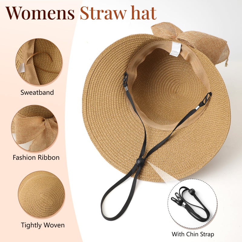 Pleneal Sun Hats for Women, Straw Beach Hat UV Sun Protection, Foldable Bowknot Sun Beach Hats Summer Hat Khaki - Image 4