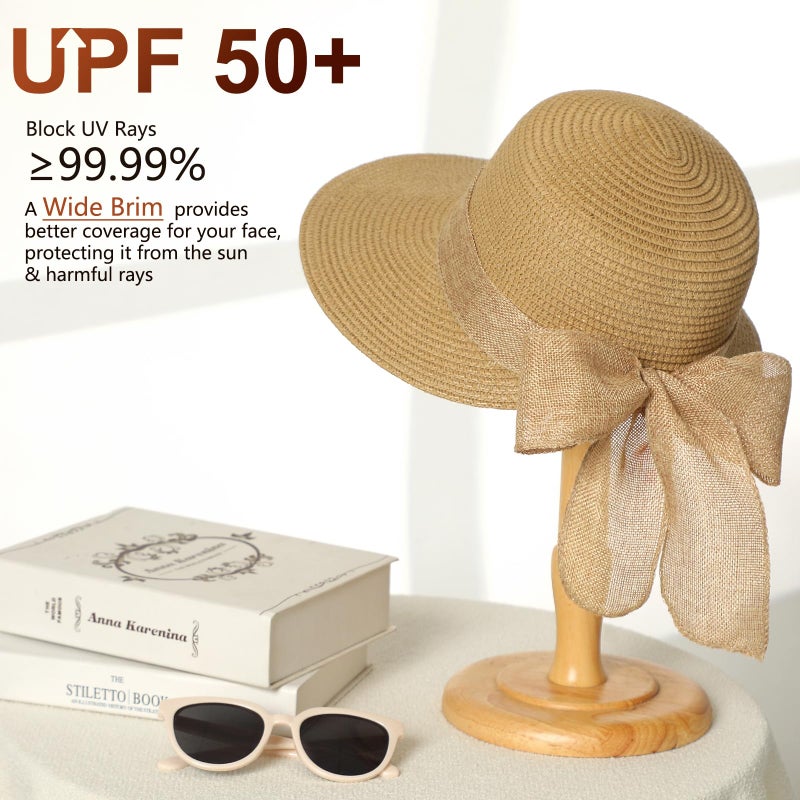 Pleneal Sun Hats for Women, Straw Beach Hat UV Sun Protection, Foldable Bowknot Sun Beach Hats Summer Hat Khaki - Image 2