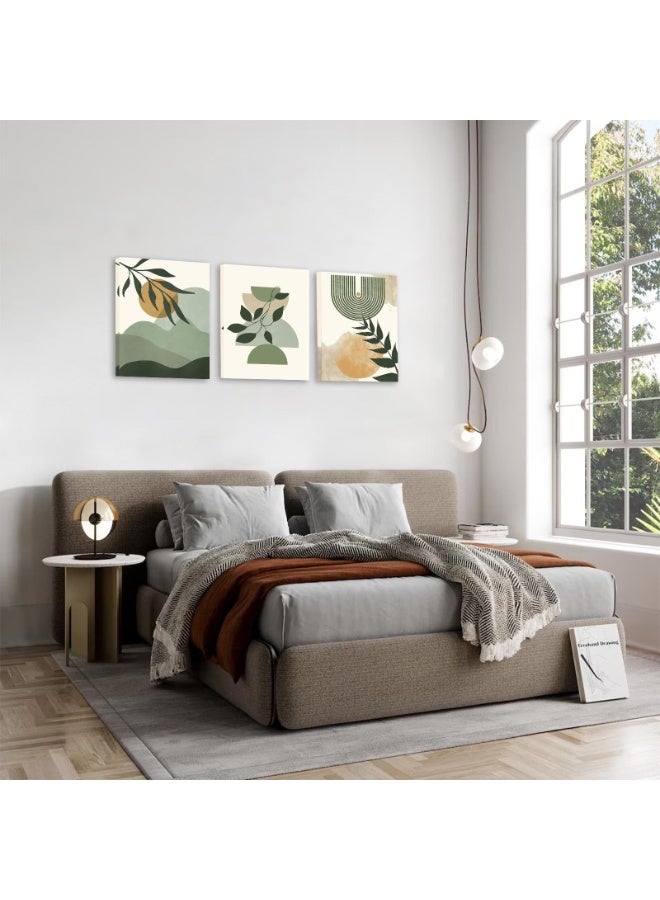 Three abstract geometric wall murals featuring bohemian sage and green plants, printed on canvas in a medieval-modern minimalist style. Frameless wall decorations suitable for living rooms, bedrooms, kitchens, and dining rooms (30×40 cm). Frames not included. - Image 4