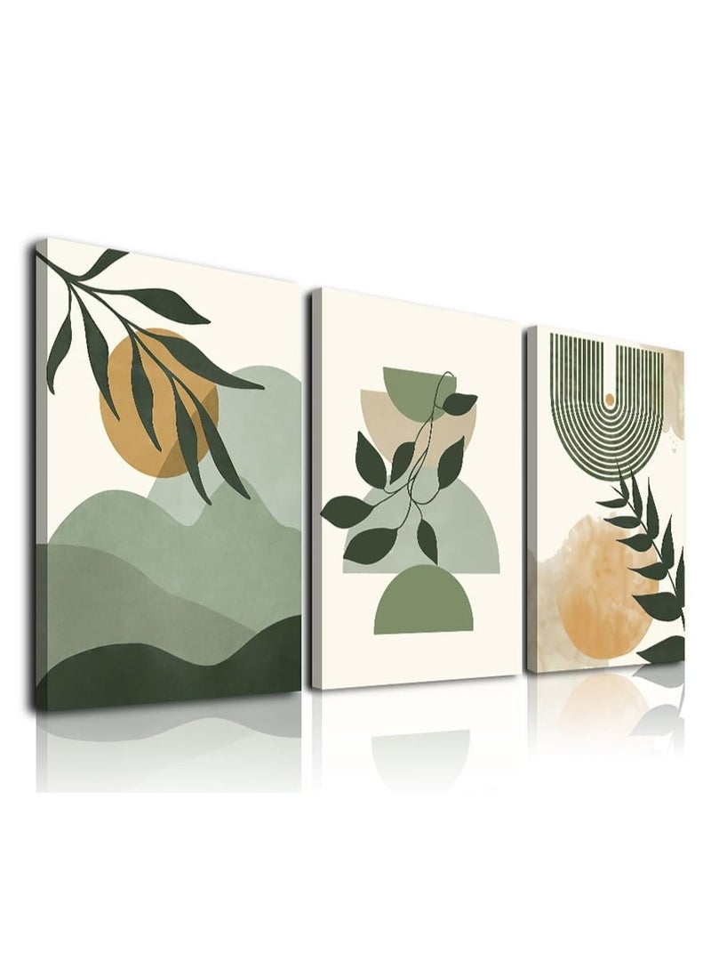 Three abstract geometric wall murals featuring bohemian sage and green plants, printed on canvas in a medieval-modern minimalist style. Frameless wall decorations suitable for living rooms, bedrooms, kitchens, and dining rooms (30×40 cm). Frames not included. - Image 1