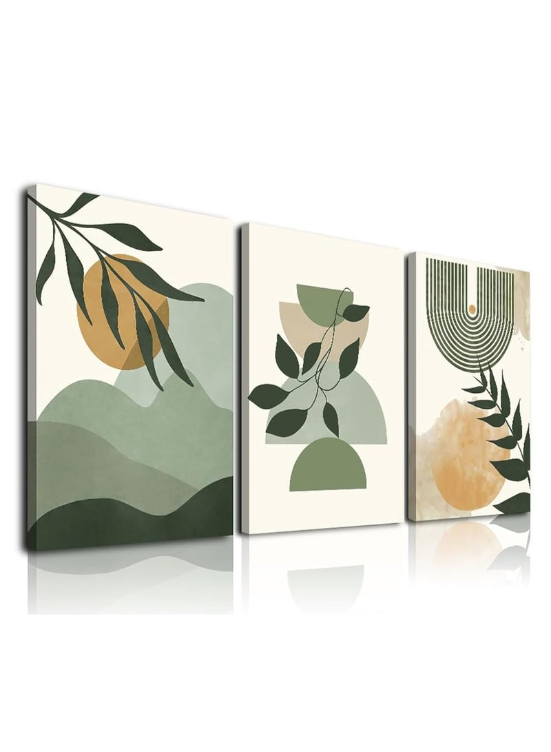 Three abstract geometric wall murals featuring bohemian sage and green plants, printed on canvas in a medieval-modern minimalist style. Frameless wall decorations suitable for living rooms, bedrooms, kitchens, and dining rooms (30×40 cm). Frames not included. - Image 5