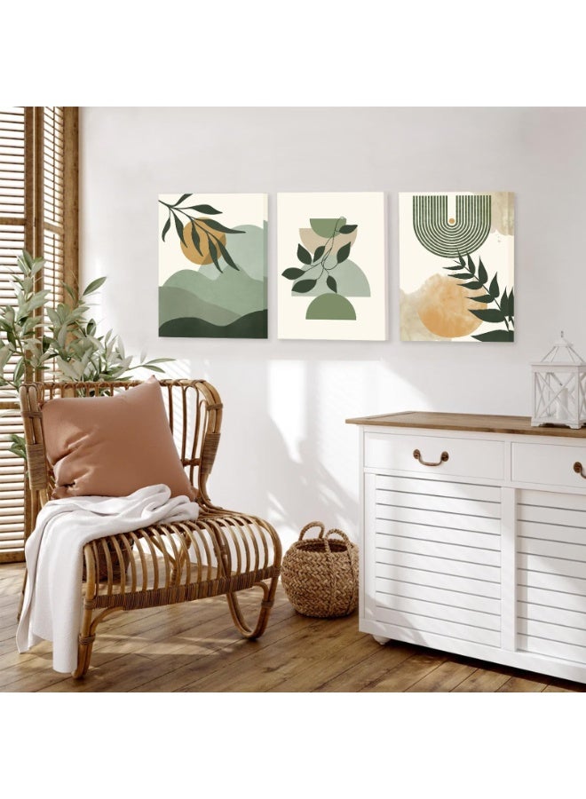 Three abstract geometric wall murals featuring bohemian sage and green plants, printed on canvas in a medieval-modern minimalist style. Frameless wall decorations suitable for living rooms, bedrooms, kitchens, and dining rooms (30×40 cm). Frames not included. - Image 2