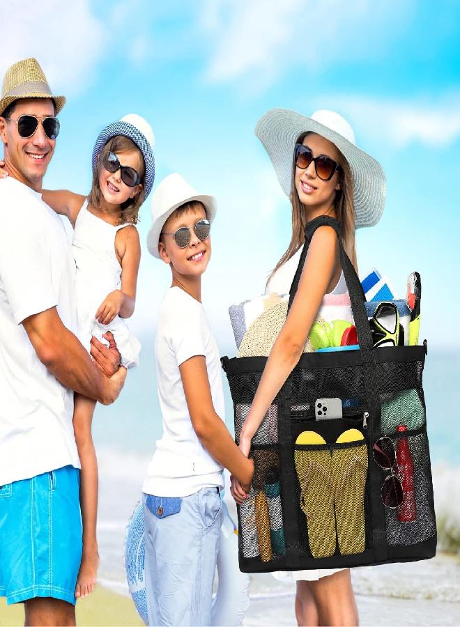 F-color Mesh Beach Bag, F-color 9 Pockets Oversized Beach Tote Bag with Zipper Pool Toy Beach Bag, Black - Image 2